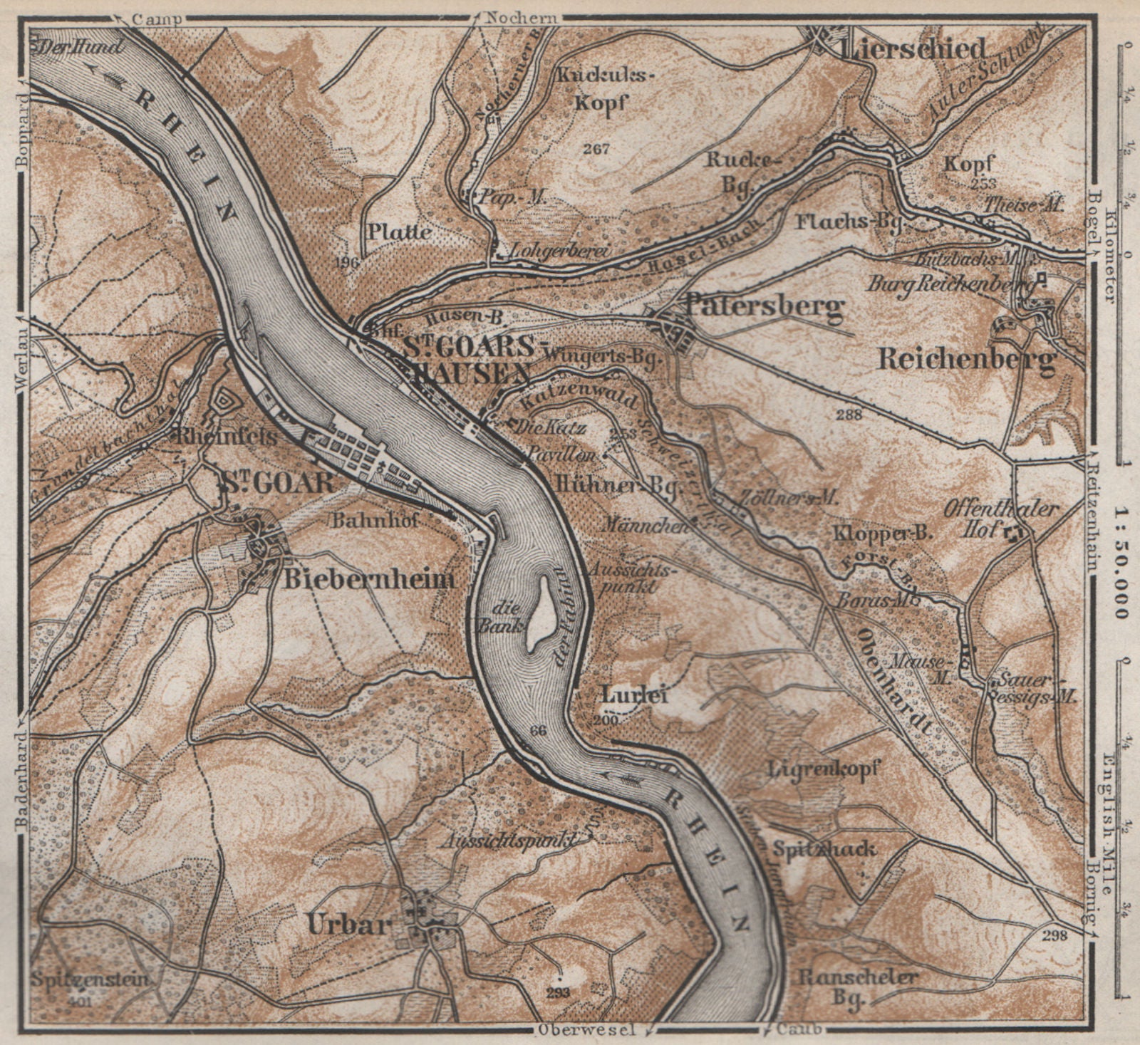 SANKT GOAR ST GOARSHAUSEN Oberes Mittelrheintal Rhine Gorge karte SMALL 1889 map